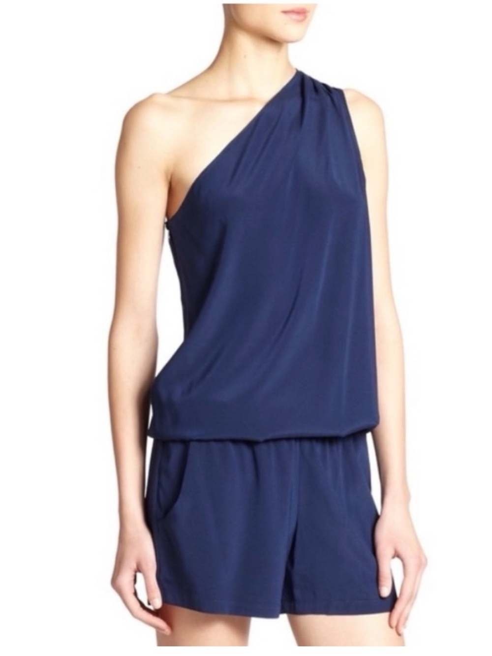 Ramy Brook Navy Silk One-Shoulder Romper NWT Size L Asymmetrical Draped Chic - Picture 2 of 14